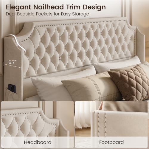 Upholstered Queen Bed Frame with Headboard, Beige Bedframe with Storage, view 4