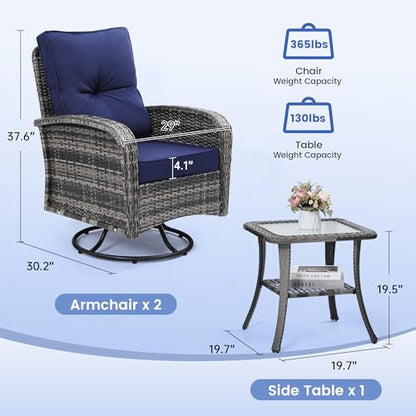 Luxury Outdoor Swivel Wicker Glider Patio Chairs with Table Set | Overstuffed Washable Cushions, Ideal for Porch, Balcony, Deck