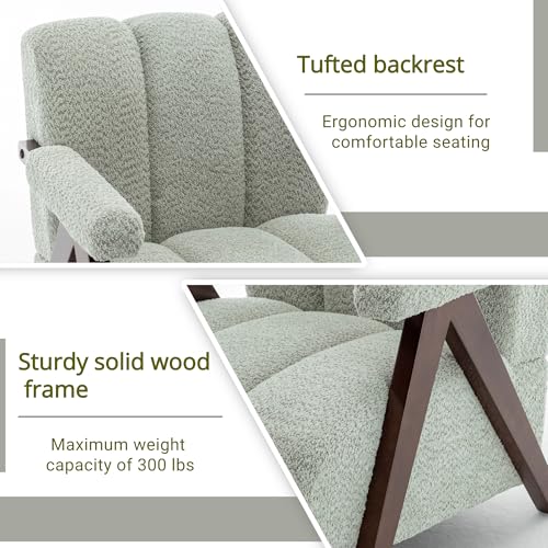 Mid Century Modern Accent Chair with Solid Wood Frame, Boucle Upholstered Living Room Chairs with Thick Cushion, Comfy Tufted Arm Chair for Bedroom, Sage