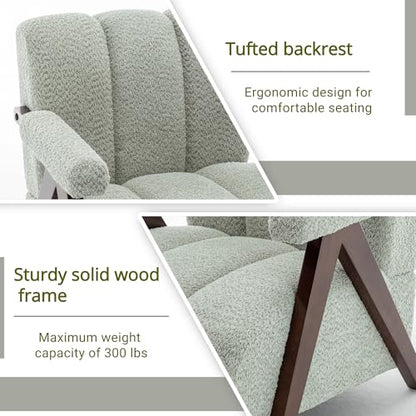 Mid Century Modern Accent Chair with Solid Wood Frame, Boucle Upholstered Living Room Chairs with Thick Cushion, Comfy Tufted Arm Chair for Bedroom, Sage