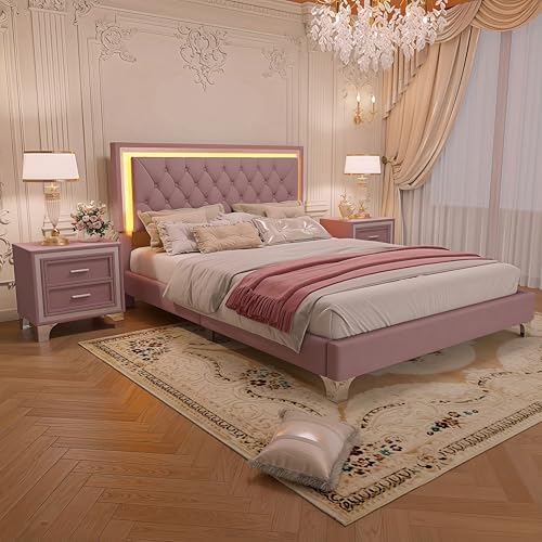 Bedroom Sets, 3-Pieces Bedroom Sets, Queen Size Upholstered Platform Bed with LED Lights and 2 Nightstands, Pink