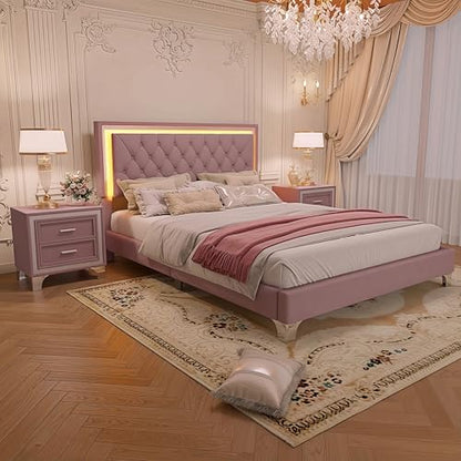 Bedroom Sets, 3-Pieces Bedroom Sets, Queen Size Upholstered Platform Bed with LED Lights and 2 Nightstands, Pink