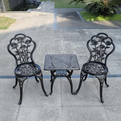 Rose Garden Cast Aluminum Bistro Chairs, Decorative Outdoor Patio Seating, Set of 2, White and Black (Rose Chair Bronze)