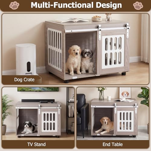 Farmhouse Wooden Dog Crate Furniture with Sliding Barn Door, view 5