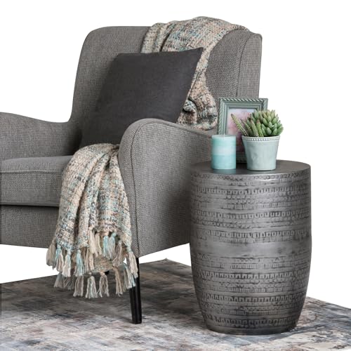 Boho 15" Metal Accent Side Table, Antique Silver Finish, Drum Shape, Handcrafted Solid Metal, Multipurpose End or Side Table for Living Room, Bedroom, Condo, Office