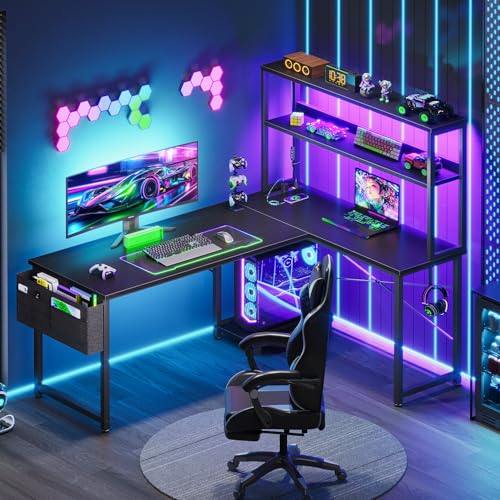 L Shaped Desk Gaming Desk with LED Light & Power Outlet, view 3