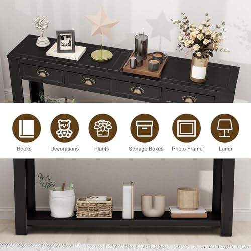 Long Sofa Table - Black 60 Inch Console Tables for Living Room, Hallway Table with 4 Drawers, Modern Wood Entryway Table with Storge Shelf