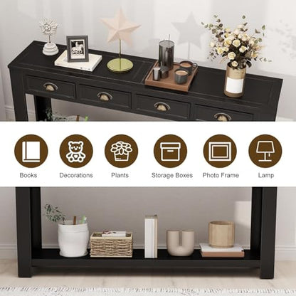 Long Sofa Table - Black 60 Inch Console Tables for Living Room, Hallway Table with 4 Drawers, Modern Wood Entryway Table with Storge Shelf