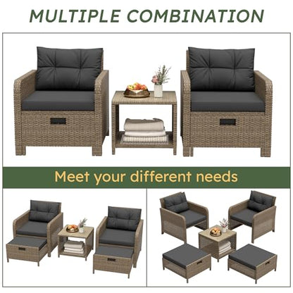 Balcony Furniture 5 Pieces Patio Set, Hand-Woven Rattan Patio Conversation Set with Soft Cushions & Coffee Table, Outdoor Chairs with Hidden Ottoman for Porch, Lawn, Garden, Balcony, Black
