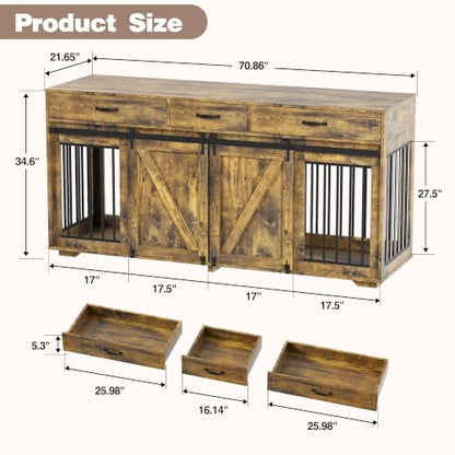 Double Dog Crate Furniture, 71" TV Stand Kennel for 2 Dogs, view 3