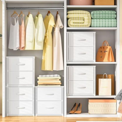 Stackable Storage Drawers, White Closet Organizer with Wooden Top & Metal Frame, view 3