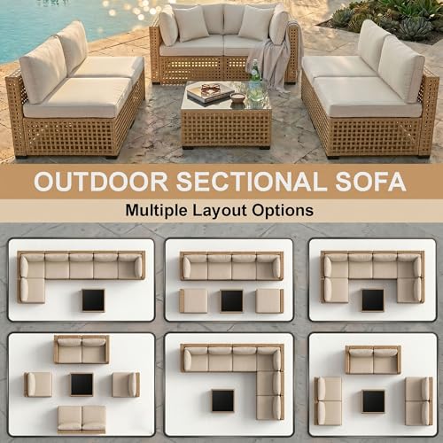 7-Piece Patio Furniture Set, All-Weather PE Rattan Outdoor Sectional Sofa, Modular Wicker Conversation Set with Thick Cushions & Easy-Clean Coffee Table（Yellow/White）