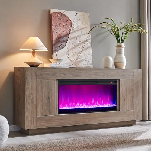 70" Fireplace TV Stand for 80" TV, Thick Block Media Console,Alder Grey, view 4