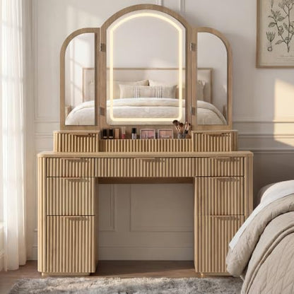 Vanity Desk with Trifold Mirrors, 52.76” Wide Makeup Vanity Table, Oak, view 2