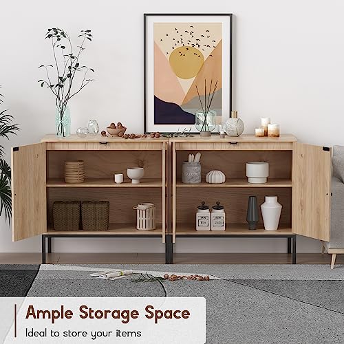 Rattan Sideboard Cabinet with 2 Doors, 31.5" Boho Buffet Credenza with Metal Legs, Natural Cane Accent Storage Cabinet for Living Room, Dining Room, Entryway, Set of 2