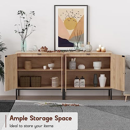 Rattan Sideboard Cabinet with 2 Doors, 31.5" Boho Buffet Credenza with Metal Legs, Natural Cane Accent Storage Cabinet for Living Room, Dining Room, Entryway, Set of 2