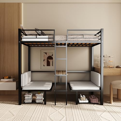 Full Size Loft Bed with Drawer and Desk & Table Sets Transformable for Bedroom,Dormitory,Living Room,Metal Sturdy Bed Frame w/Full-Length Guardrails,Full Over Full Bunk Bed,Black