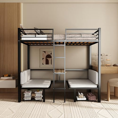 Full Size Loft Bed with Drawer and Desk & Table Sets Transformable for Bedroom,Dormitory,Living Room,Metal Sturdy Bed Frame w/Full-Length Guardrails,Full Over Full Bunk Bed,Black