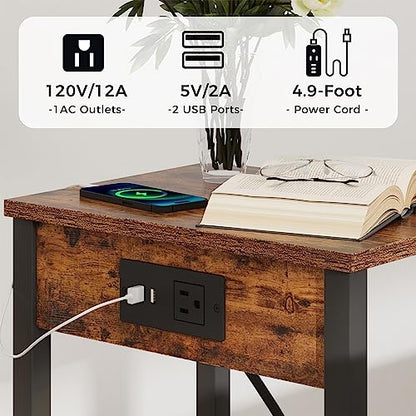Side Table with Charging Station, Set of 2 End Tables with USB Port and Outlets, Nightstands with 2-Tier Storage Shelves, Sofa Table for Small Space, Living Room, Bedroom, Rustic Brown 102F2