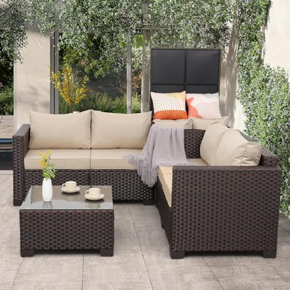 Patio Furniture Set 4 Piece Conversation Sets Brown Rattan Outdoor Couch Loveseat Wicker Sectional Sofa with Storage Box Glass Top Table, Khaki Cushion
