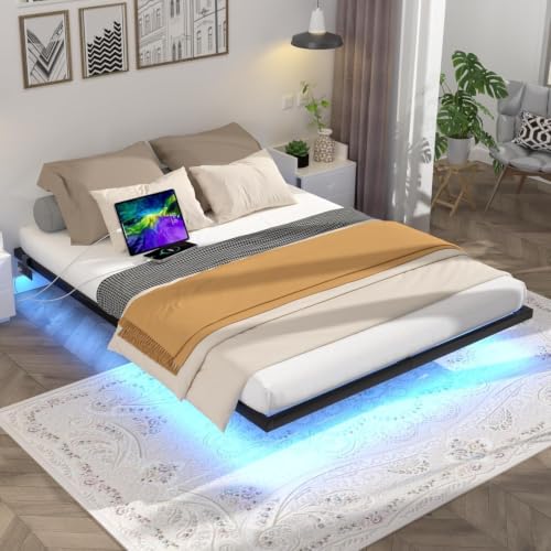 Floating Bed Frame King Size with LED Lights and Charging Station, view 2