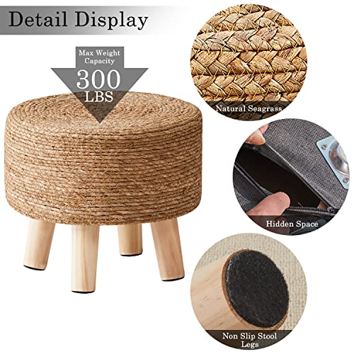 Foot Stool Natural Seagrass Hand Weave Poufs Round Ottoman for Couch Desk Soft Step Stool Padded Foot Rest with Non-Skid Pine Legs for Hallway Office Lounge Natural