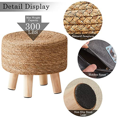 Foot Stool Natural Seagrass Hand Weave Poufs Round Ottoman for Couch Desk Soft Step Stool Padded Foot Rest with Non-Skid Pine Legs for Hallway Office Lounge Natural