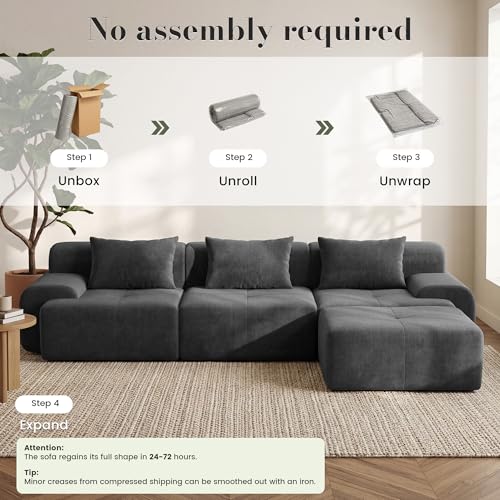 118'' Modular Sectional Oversized Boneless Couch, Tufted Cloud Sectional Couches for Living Room, L Shape Deep Seat Sofa with Ottoman & 3 Throw Pillows,Corduroy Couch,Dark Grey