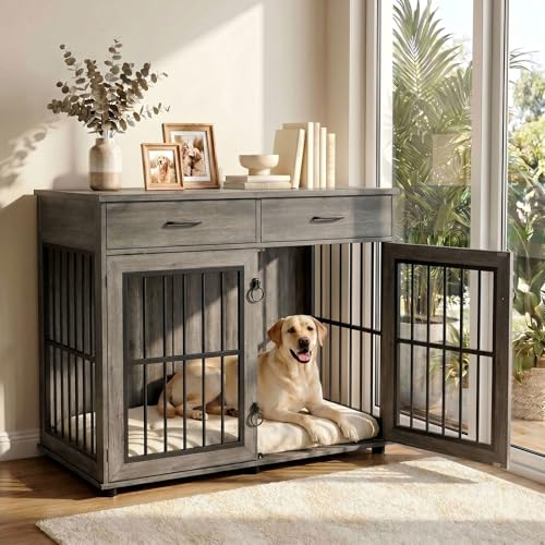 43.3" Large Dog Crate Furniture with 2 Drawers, Grey, view 2