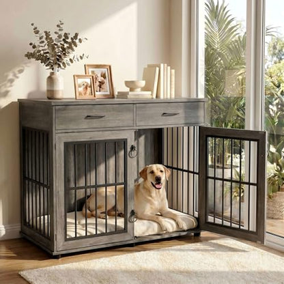 43.3" Large Dog Crate Furniture with 2 Drawers, Grey, view 2