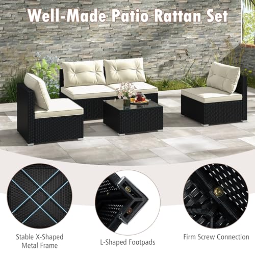 5 Piece Rattan Sofa Set, Patiojoy Outdoor Wicker Furniture Set with Seat & Back Cushions, Square Coffee Table, Patio Sectional Sofa Set for Backyard, Poolside, Garden