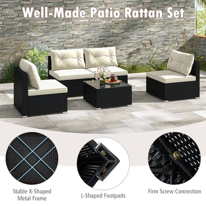 5 Piece Rattan Sofa Set, Patiojoy Outdoor Wicker Furniture Set with Seat & Back Cushions, Square Coffee Table, Patio Sectional Sofa Set for Backyard, Poolside, Garden