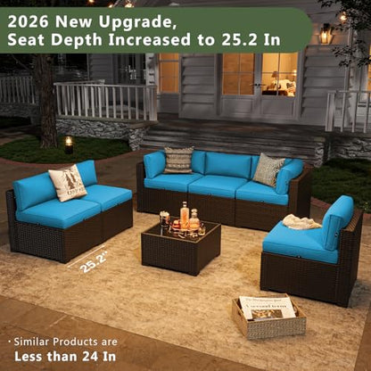 7 Piece Patio Furniture Set, Wicker Rattan Patio Sectional Sofa, Outdoor Furniture Set with Thickened Cushion, Peacock Blue