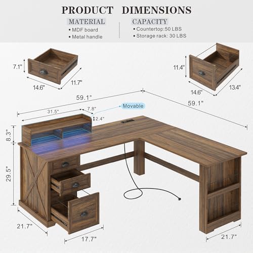 Executive L Shaped Desk with Monitor Stand, 59 inch Farmhouse Corner Computer Desk with Power Outlets & LED Lights, Home Office Desk with File Cabinet for Working Gaming Writing, Dark Walnut