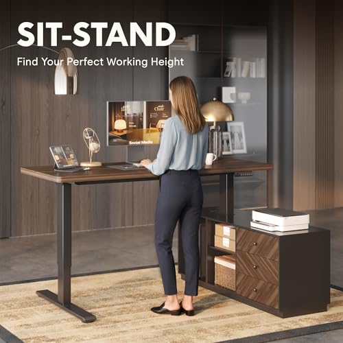 FLEXISPOT 55" L Shaped Standing Desk with Storage & CPU Holder, Dual Motor Height Adjustable Executive Desk, 222 LBS Capacity, 1" Thick Desktop for Home Office, Black Walnut, 3 Packages
