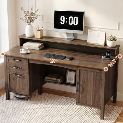63" Farmhouse Desk w/Power Outlet & Monitor Stand, Walnut, view 5