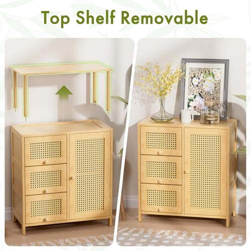 Sideboard Buffet Cabinet with Storage, Bamboo Storage Cabinets, Rattan Sideboard with Adjustable Shelf, Pantry Cupboard for Kitchen Living Room Entry Coffee Bar, Natural Color
