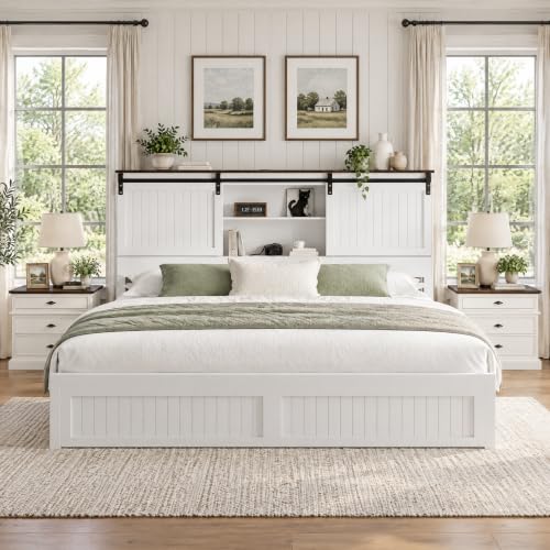 Farmhouse King Size Bed Frame Wood with Headboard Storage, White, view 2