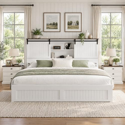 Farmhouse King Size Bed Frame Wood with Headboard Storage, White, view 2
