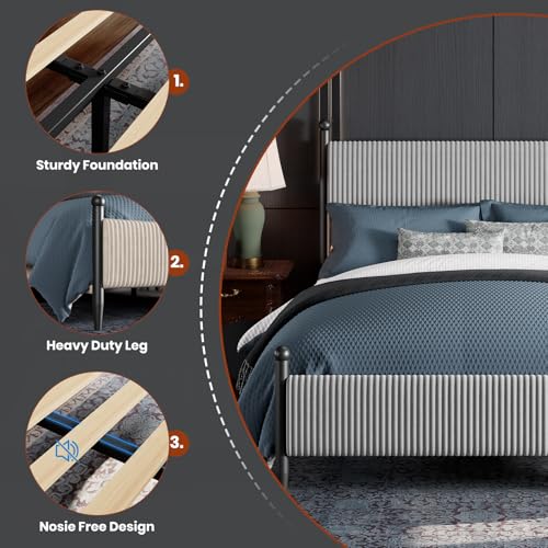 Queen Size Upholstered Bed Frame, with Velvet Headboard, view 5