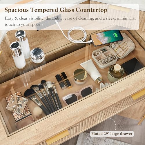 48" Corner Makeup Vanity with Lighted Triple Mirror, Natural Oak, view 4