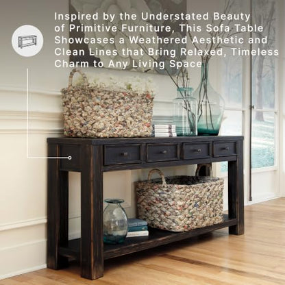 Signature Design by Ashley Gavelston Sofa Table, 64 Inch Console Table with 4 Drawers, Mixed Wood Construction, Behind Couch Storage for Living Room, Weathered Black