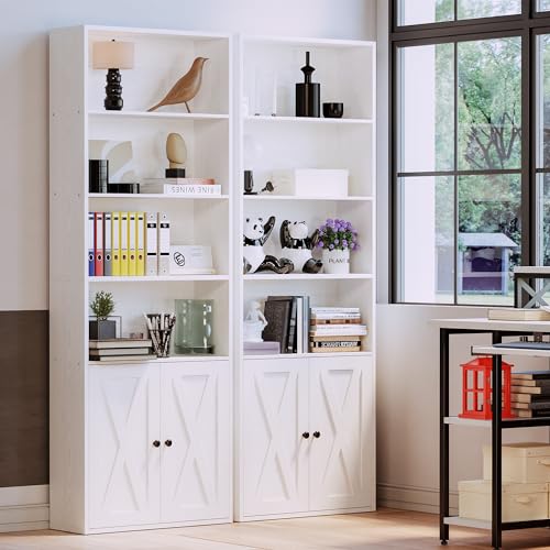 Industrial Bookshelves and Bookcases with Doors Floor Standing 6 Shelf Display Storage Shelves 70 in Tall Bookcase for Home Office, Living Room