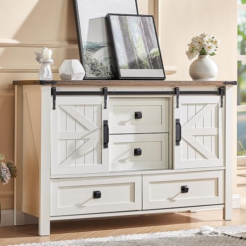 47" Farmhouse Dresser with Sliding Barn Doors and 4 Drawers, Dresser Storage Organizer for Bedroom/Entryway, Distressed White