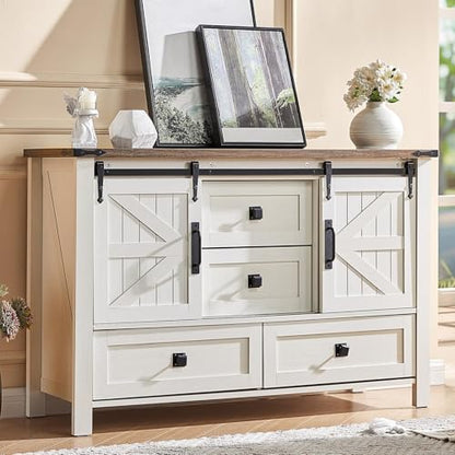 47" Farmhouse Dresser with Sliding Barn Doors and 4 Drawers, Dresser Storage Organizer for Bedroom/Entryway, Distressed White