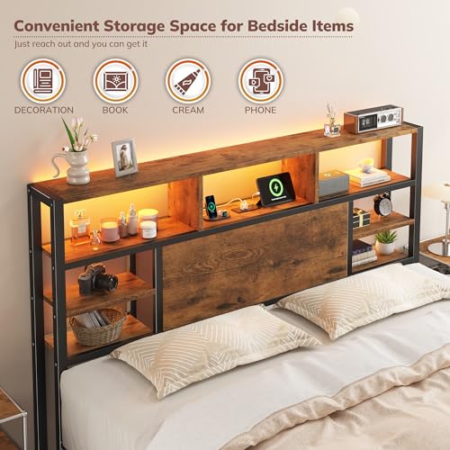 Queen Bed Frame with Storage Headboard and Charging Station, Brown, view 4