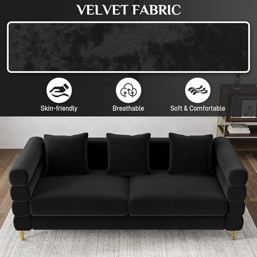 Cloud Couch for Living Room, 79" Modern Overstuffed Deep Seat Velvet 3 Seater Sofa with 3 Pillows, Comfy Upholstered Oversized Loveseat for Bedroom Office, Jet Black Velvet