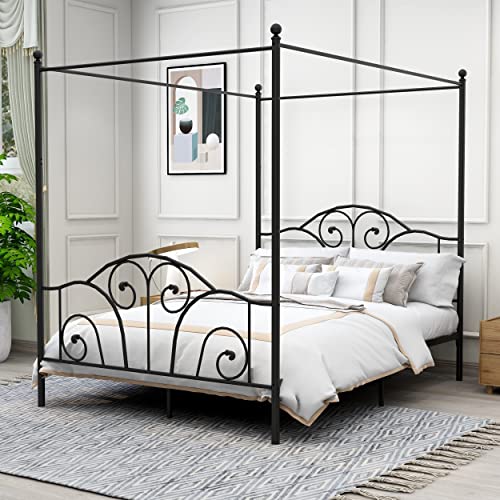 Queen Size Four-Poster Metal Canopy Bed Frame, Black, view 2