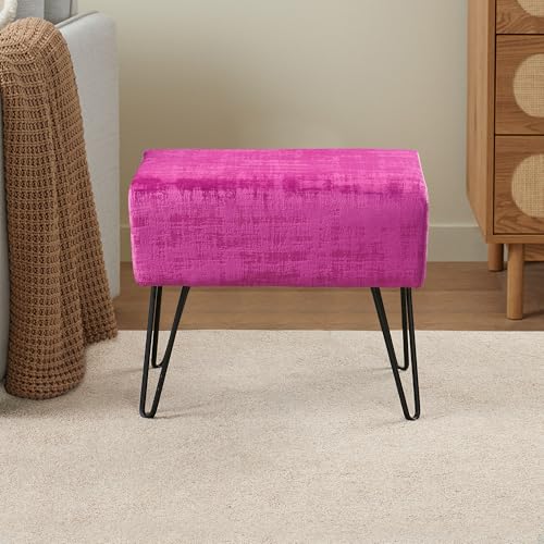 Raspberry Rose Fuzzy Velvet Ottoman, 19" Rectangular Foot Rest Stool for Living Room, Small Space Entryway Bench Shoes for Bedroom End of Bed, Decorative Makeup Stool for Adults