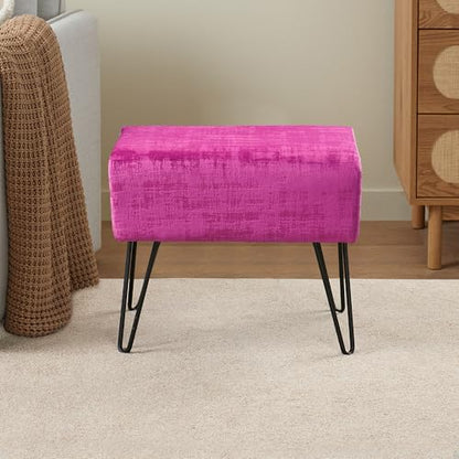 Raspberry Rose Fuzzy Velvet Ottoman, 19" Rectangular Foot Rest Stool for Living Room, Small Space Entryway Bench Shoes for Bedroom End of Bed, Decorative Makeup Stool for Adults